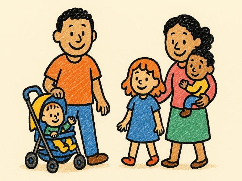Diverse family - welcoming joyful family with stroller and children